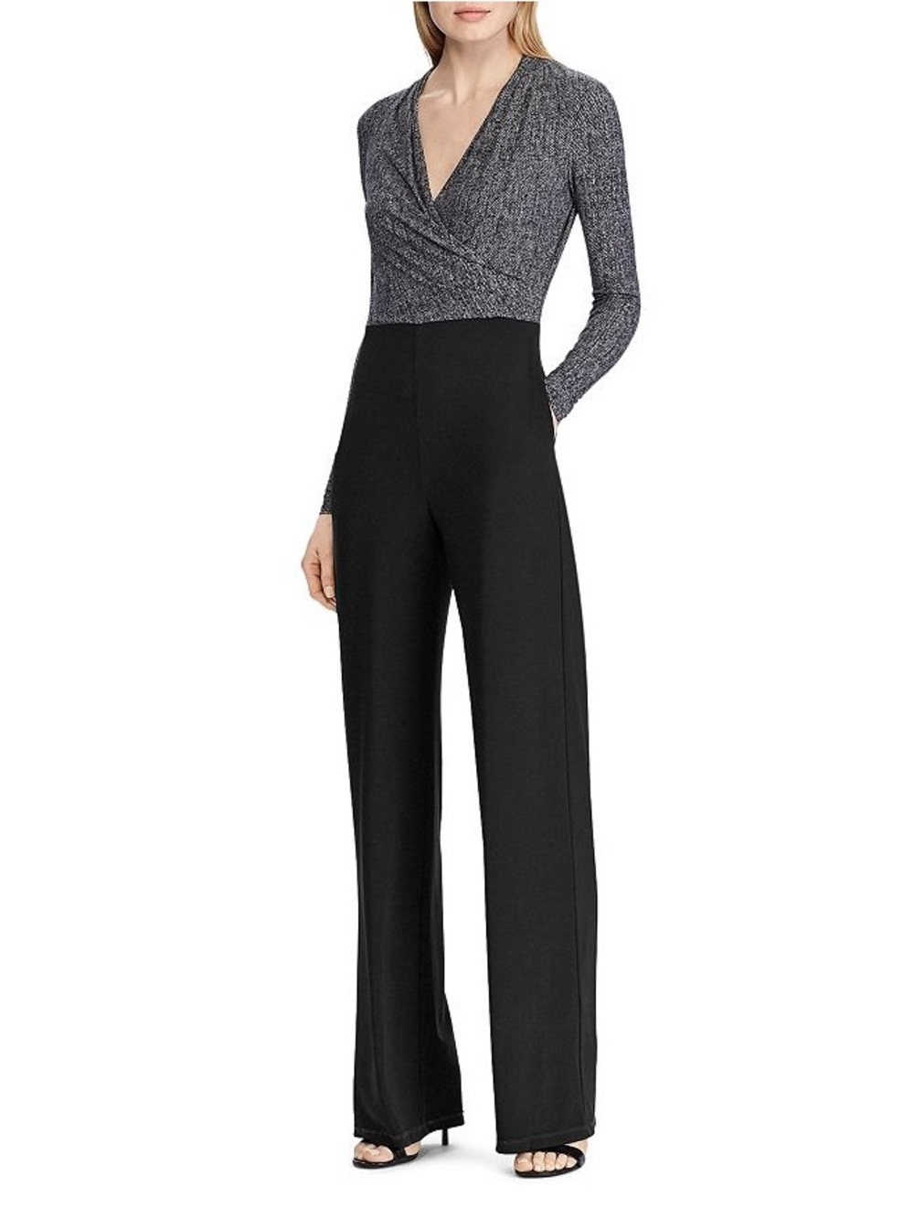 Lauren Ralph Lauren Polka Dot Jumpsuit Black White Surplice V-Neck Long Sleeve 8